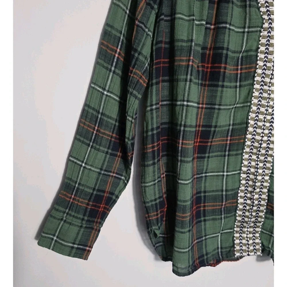 J.Crew Plaid Blouse Women Size 0 Green 100% Cotton Embroidered Boho Top
